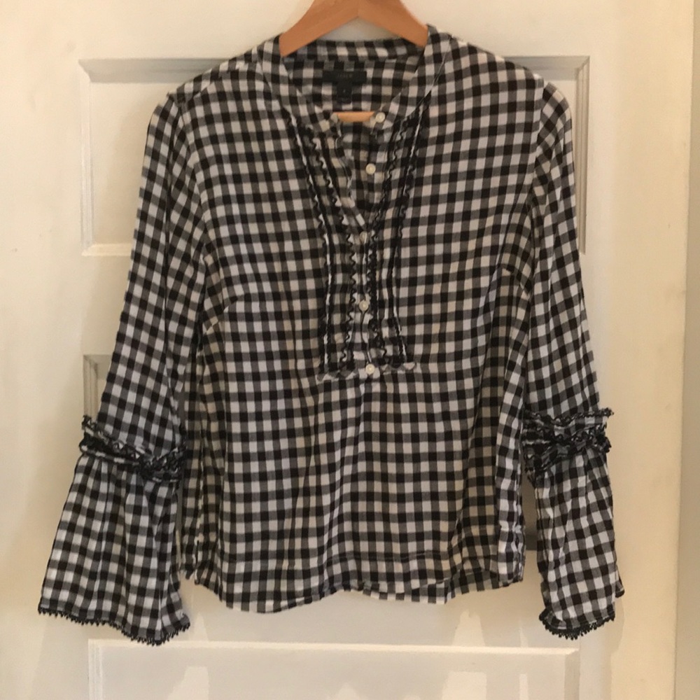 JCrew Black/White Plaid Bellsleeve Top